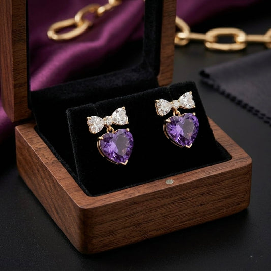 Jalparee Purple Heart & Crystal Bow Drop Earrings