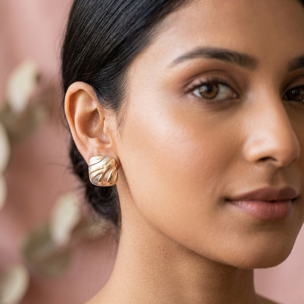 Aurora Pastel Textured Square Studs in Tri-Tone Gold & Silver by Jalparee