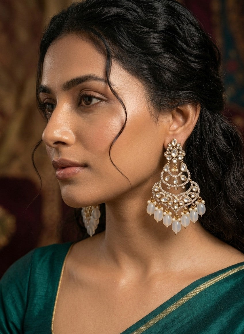 Jalparee Kundan Dangle Earrings with Opaline Beads & Gold Finish
