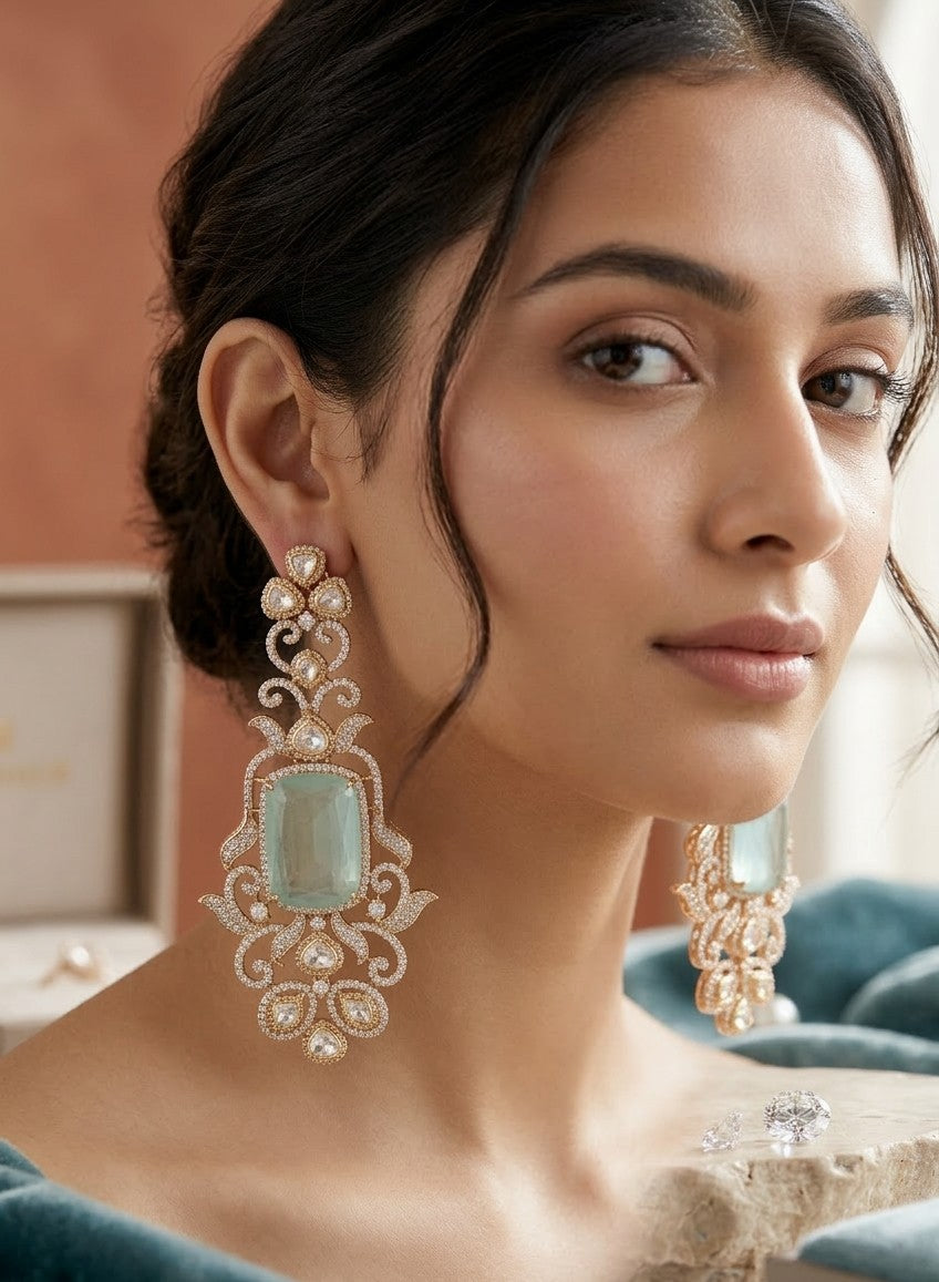 Jalparee Prismatic Chandbali Earrings with Cushion-Cut Green Beryl