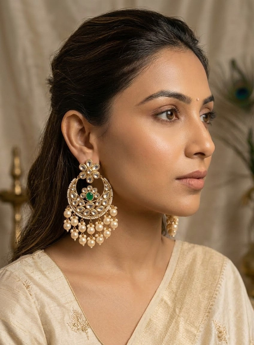 Jalparee Kundan Polki & Pearl Chandbali Earrings with Emerald Accent