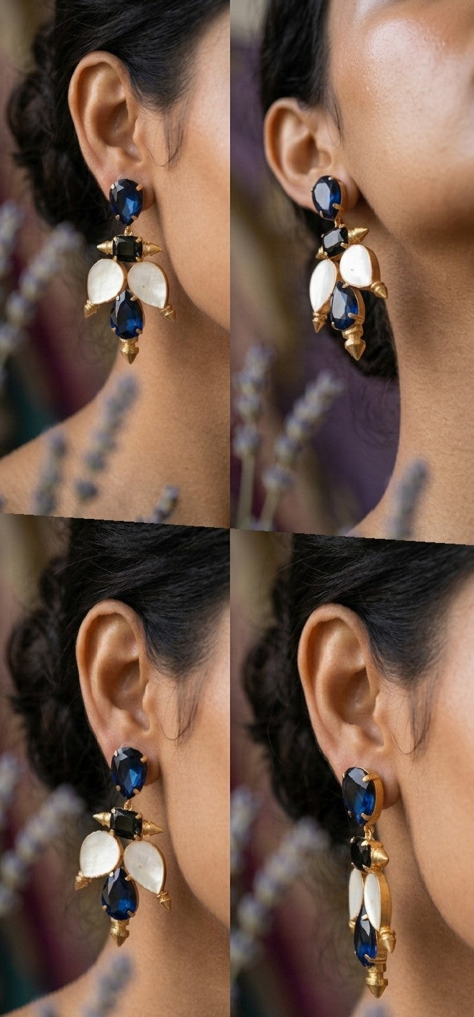 Aurelia Blossom: Royal Blue Crystal & Mother of Pearl Gold Spike Earrings by Jalparee