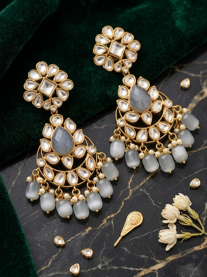 Jalparee Heritage Kundan & Milky Grey Cat's-Eye Agate Statement Drop Earrings