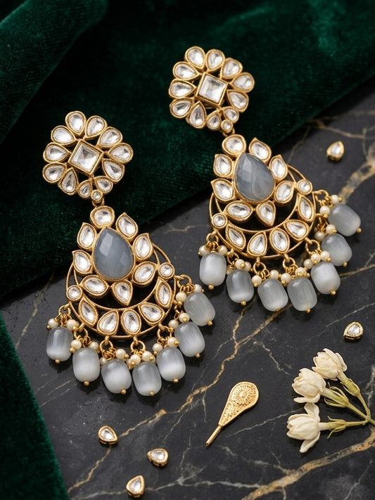 Jalparee Heritage Kundan & Milky Grey Cat's-Eye Agate Statement Drop Earrings