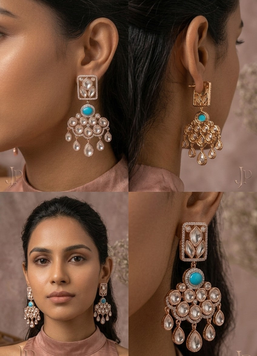 Jalparee "Turquoise and Polki Elegance" Traditional Chandelier Earrings – Handcrafted Kundan and Turquoise Stone Design in Gold Finish