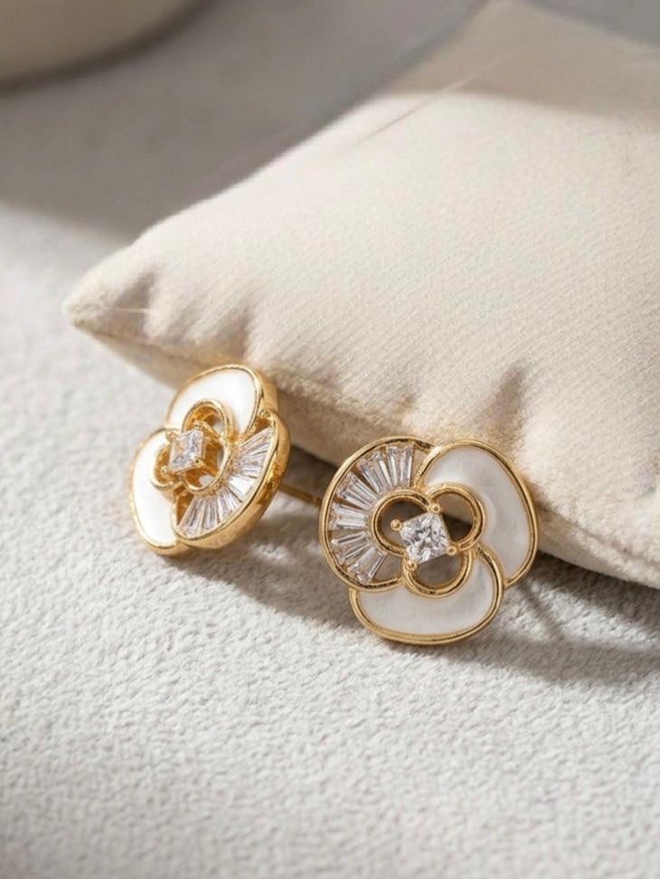 Jalparee Mother of Pearl Floral Stud Earrings with Baguette & Princess Cut CZ Crystals