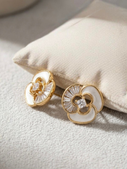 Jalparee Mother of Pearl Floral Stud Earrings with Baguette & Princess Cut CZ Crystals