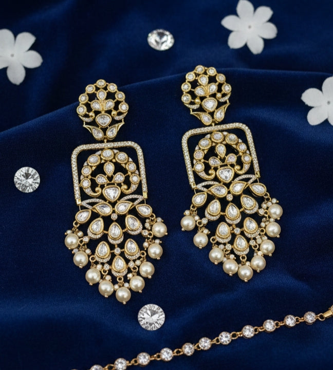 Traditional Indian wedding earrings in gold finish with Cubic Zirconia (CZ) stones and hanging pearl clusters.