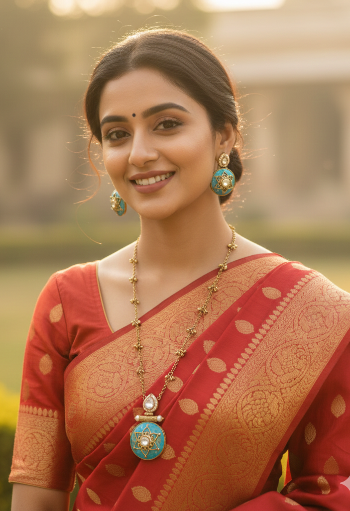 Round turquoise blue and gold pendant necklace set with matching earrings featuring a star motif.